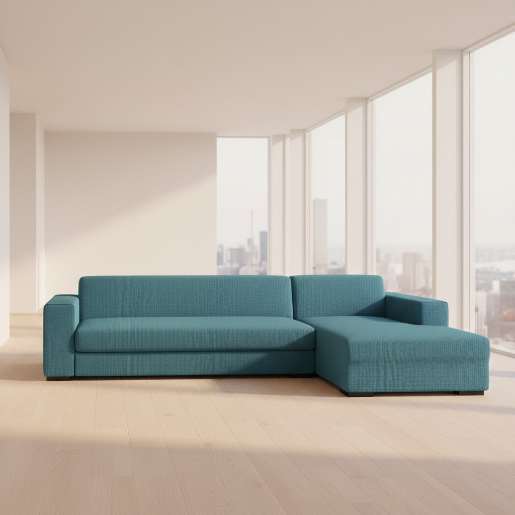 Housse de canapé d’angle bleu canard extensible, facile à poser et idéale pour salon moderne