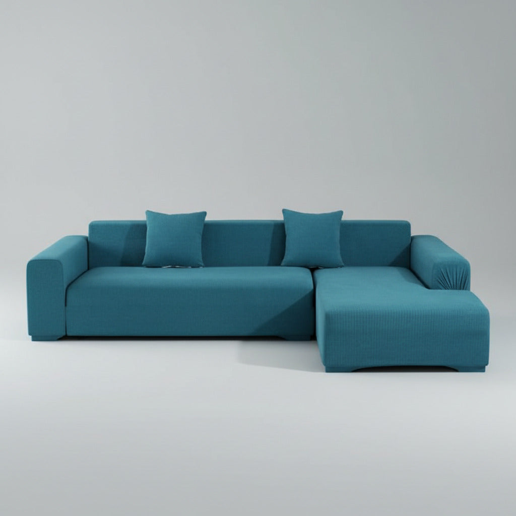 Housse de canapé d’angle en U extensible couleur bleu canard, parfaite pour grands salons