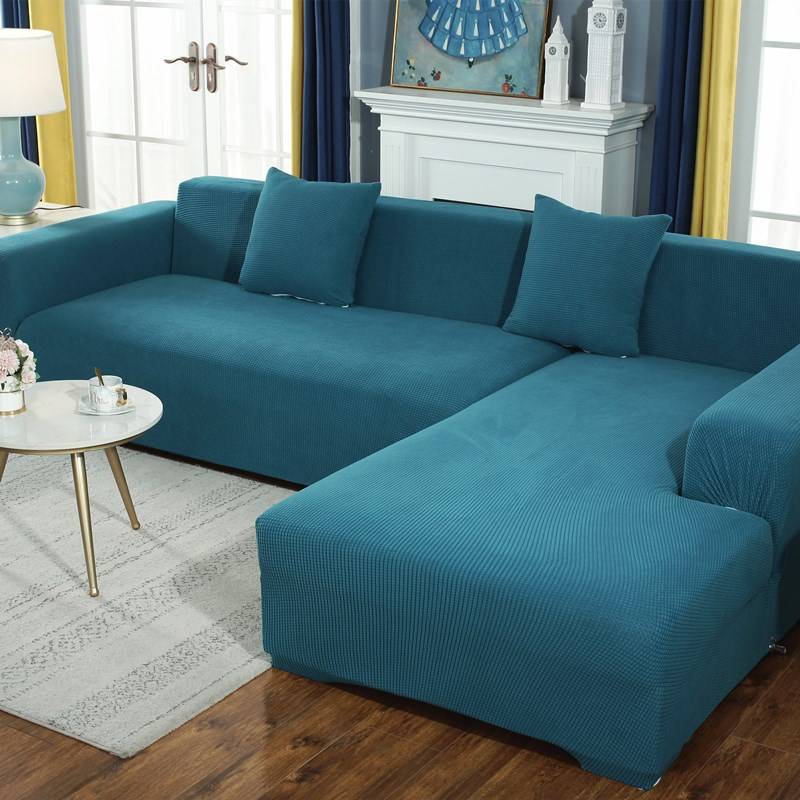 Housse de canapé d’angle en L extensible couleur bleu canard, tissu doux