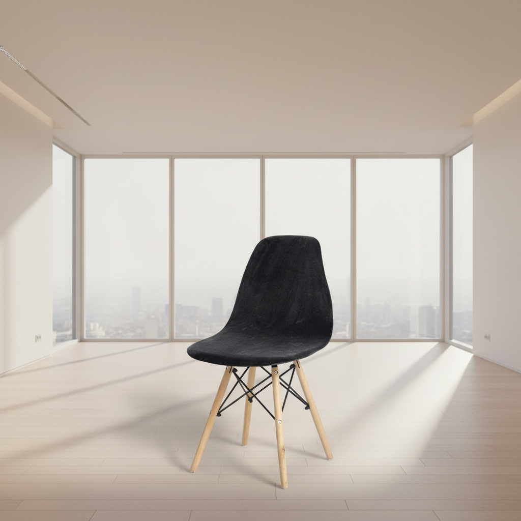 Housse extensible en velours noir pour chaise scandinave, pieds en bois clair et structure métallique.