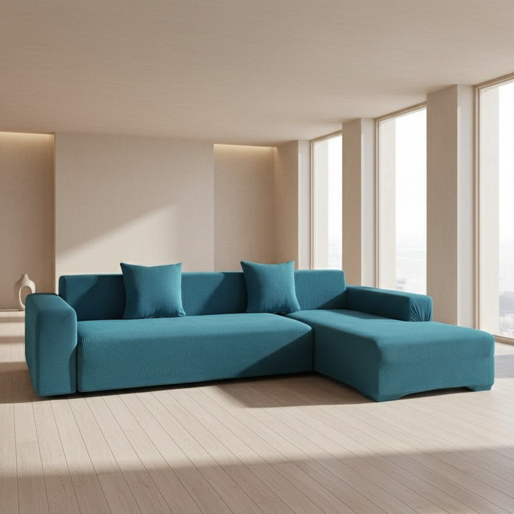 Comparatif avant et après l’installation d’une housse de canapé d’angle extensible 