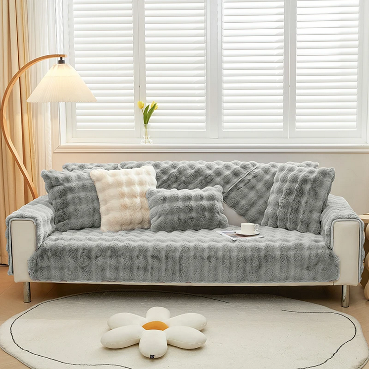 Housse de canapé ultra-douce en fausse fourrure – design moderne gris – sobriété et protection optimale