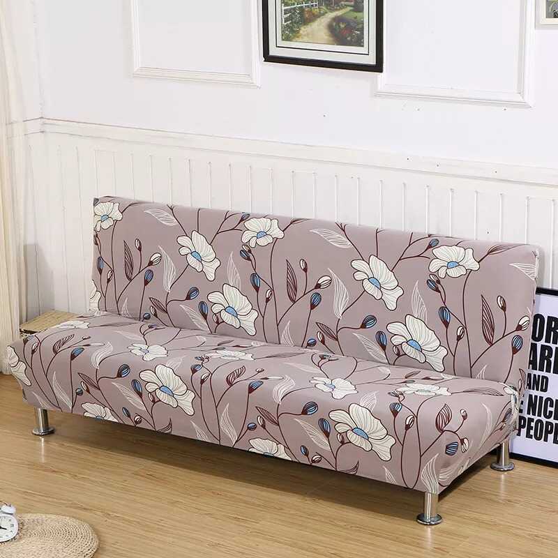 housse de clic clac motif floral taupe avec fleurs blanches et bleues - housse canapé convertible décorative
