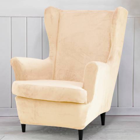 Housse de fauteuil à oreilles velours - Beige - Élégance et Protection