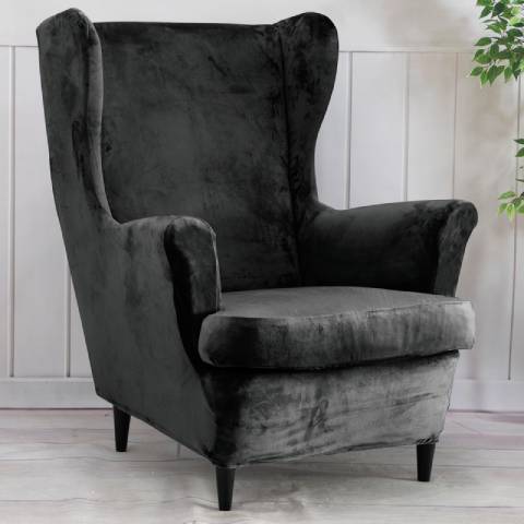 Housse de fauteuil à oreilles velours - Gris Foncé - Élégance et Protection