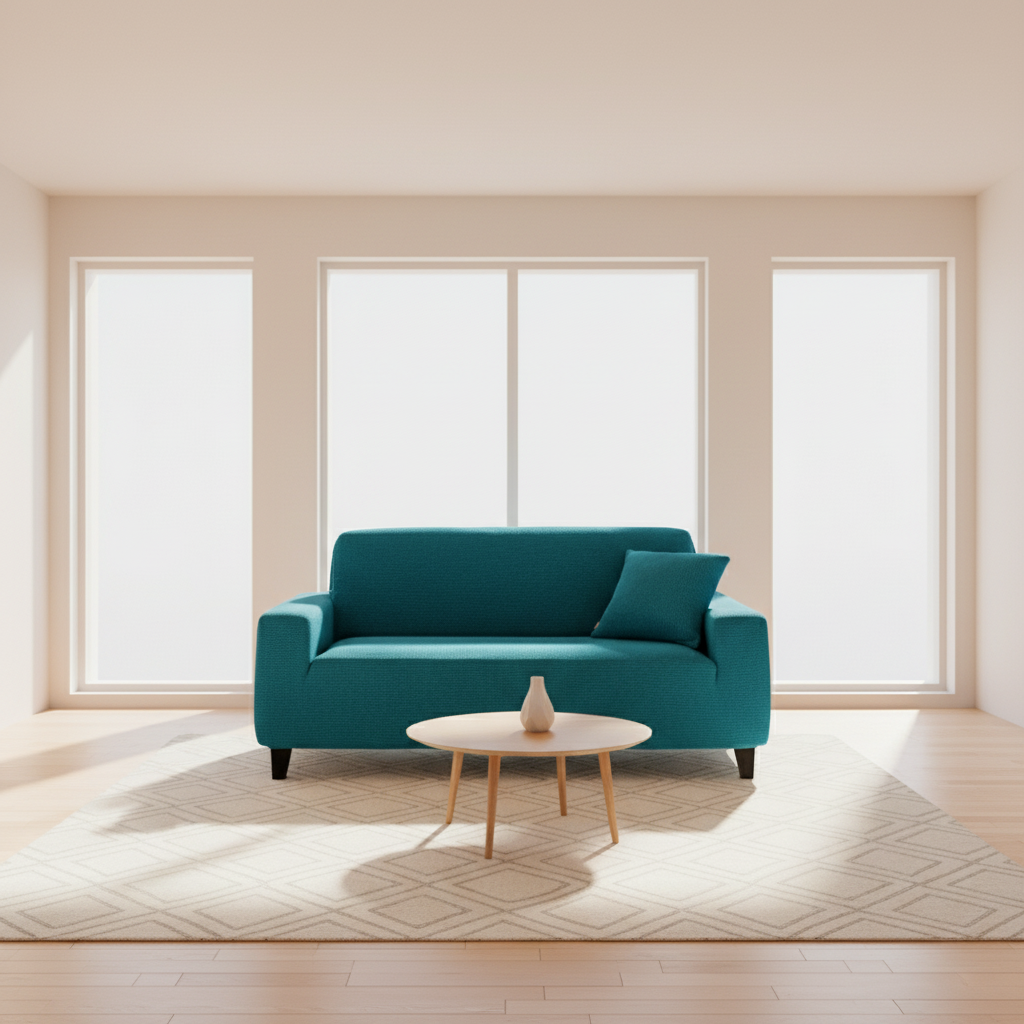 Zoom sur le tissu extensible et anti-tache d’une housse de canapé d’angle bleu canard