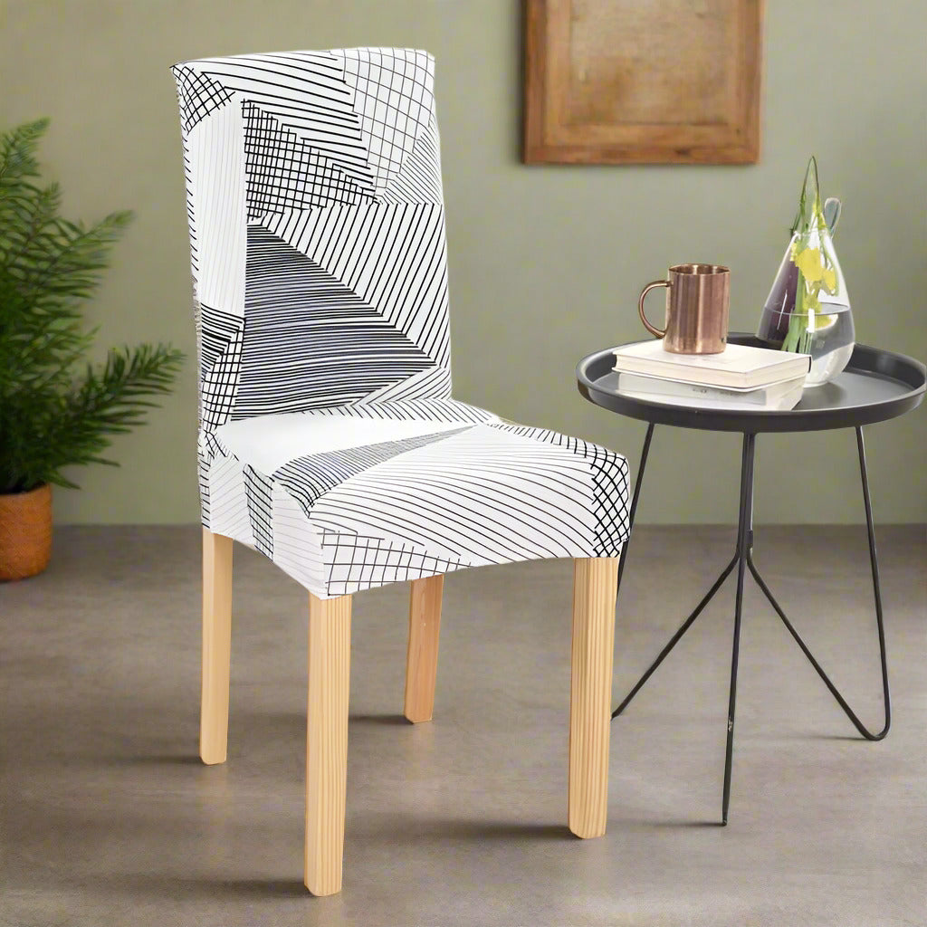 Housse de Chaise Extensible Noire et Blanche – Motif Graphique Moderne pour Salle à Manger