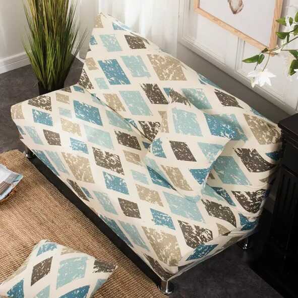 Housse de clic-clac extensible à motif géométrique losanges bleus, taupe et beige, canapé moderne sans accoudoirs
