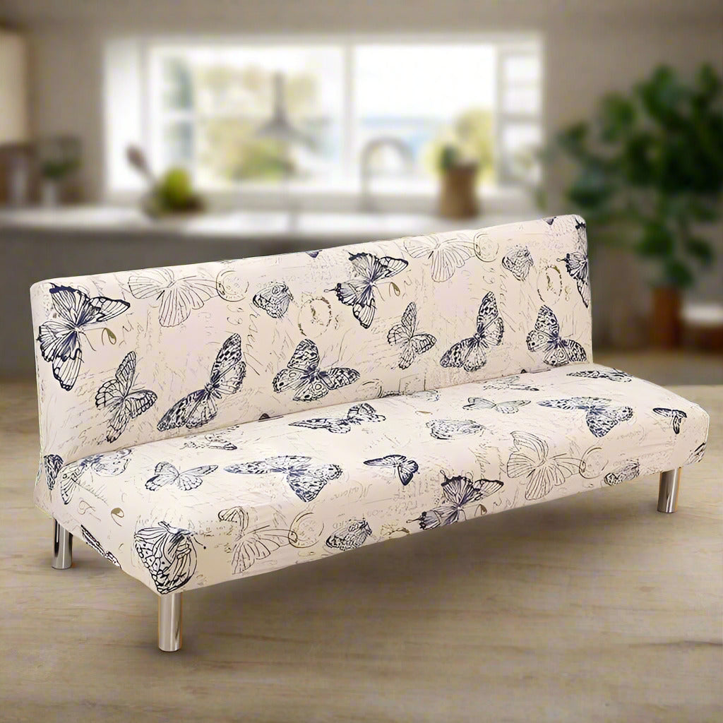 Housse de clic clac motif papillon bleu sur fond beige, ambiance naturelle et élégante 