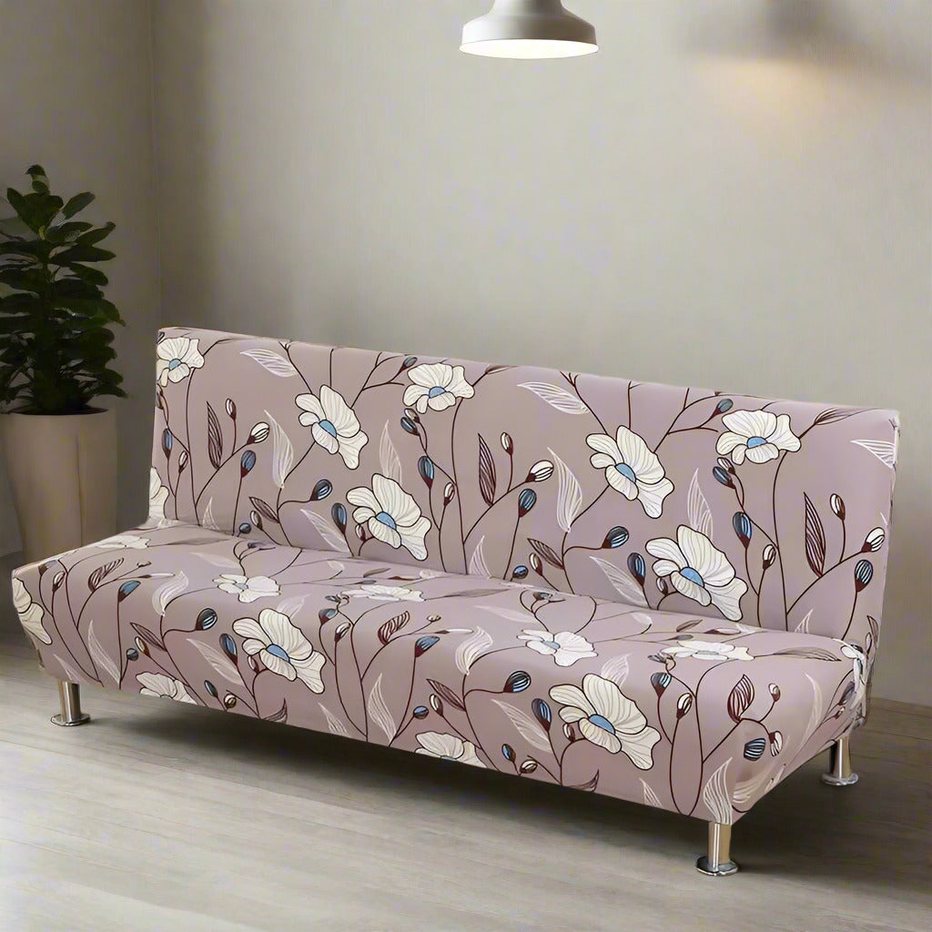 housse clic clac extensible motif floral taupe avec fleurs blanches et bleues – housse canapé convertible décorative